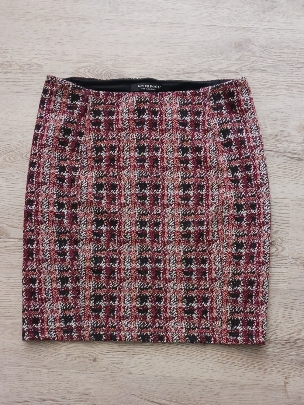 Liverpool Burgundy Plaid Tweed Pencil Skirt 12P NWOT